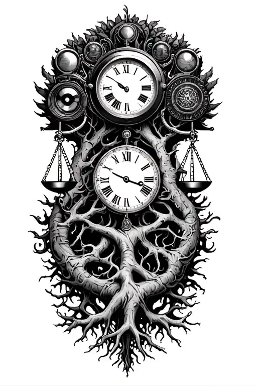 midevil tree of life with roots, libra scales, v-twin engine and a clock intertwined  tattoo design idea