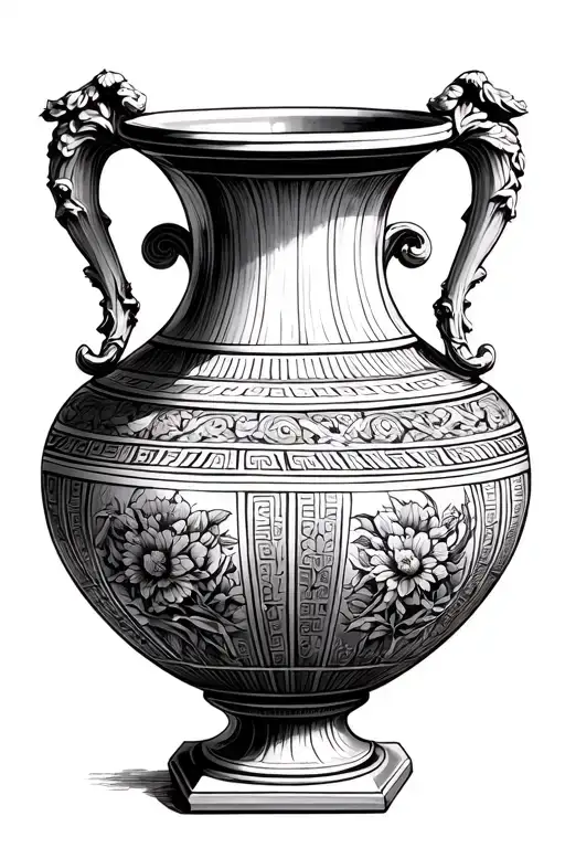 Black fine line Greek vase, placed on the quad. The vase is divided into sections of my life tattoo design idea