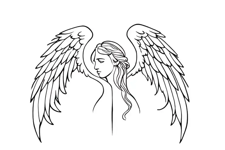 angel wings with face profile holding one line tattoo tattoo design idea