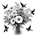 birth flower bouquet with September, April, 2 August, January with 6 small birds flying tattoo design idea