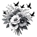 birth flower bouquet with September, April, 2 August, January with 6 small birds flying tattoo design idea