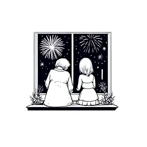 minimalist line tattoo of a grandma and a girl sitting by the window watching fireworks  tattoo design idea