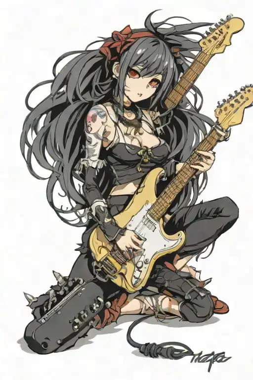 gothic anime girl playing fender stratocaster tattoo design idea