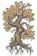 tree with gnarly roots and normal trunk branching into beautiful flowers at the top tattoo design idea