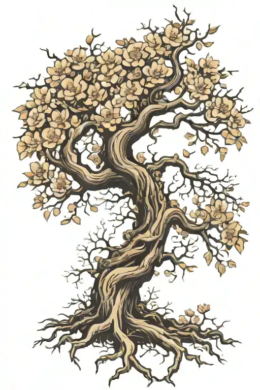 tree with gnarly roots and normal trunk branching into beautiful flowers at the top tattoo design idea