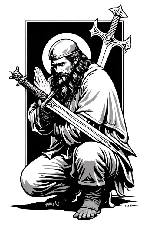 sword and a crouching Christian soldier praying tattoo design idea