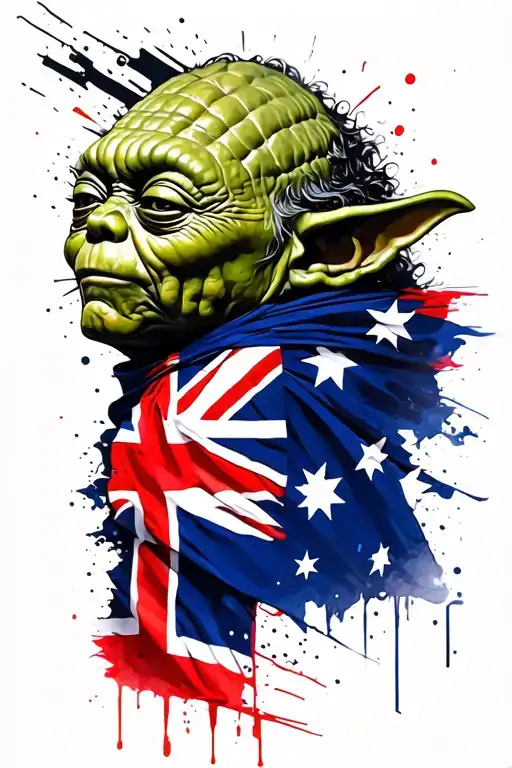 yoda draped in an australian flag, side view surrounded tattoo design idea