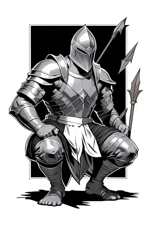 a knight doing a squat with a lot of weight and has an arrow stuck in his chest  tattoo design idea