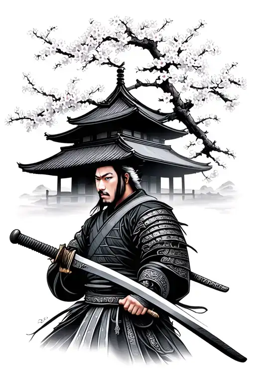 samurai with blue eyes and katana sword with traditional japanesse house under samurai and cherry blossoms tattoo design idea