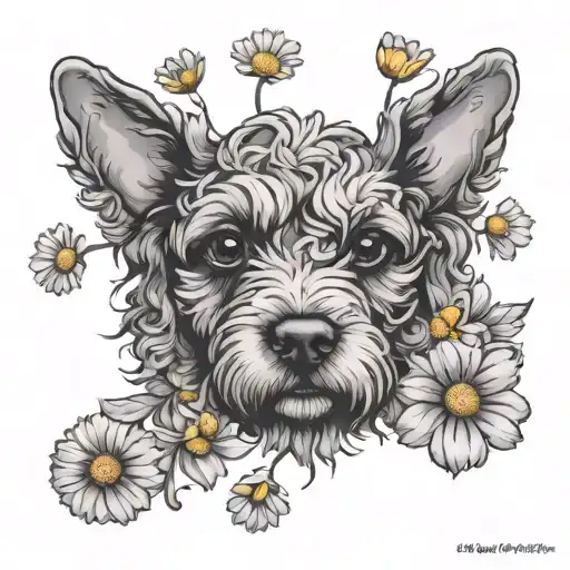 daisies around cockapoo dog head tattoo design idea