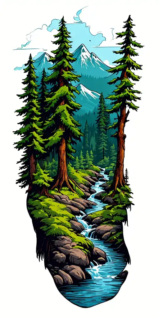 A dense forest with a stream and mountains in the background tattoo design idea