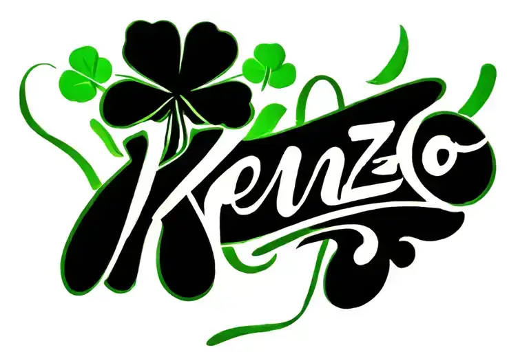 the name kenzo in cursive with a 4 leaf clover next to it in green  tattoo design idea