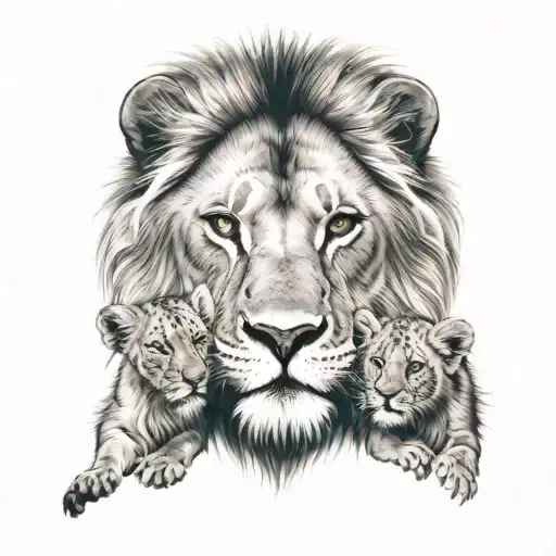 father lion with 2 cubs face only tattoo design idea