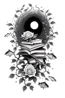 Rose vines underwater with multiple fish swimming with books, and a black hole pulling tattoo design idea