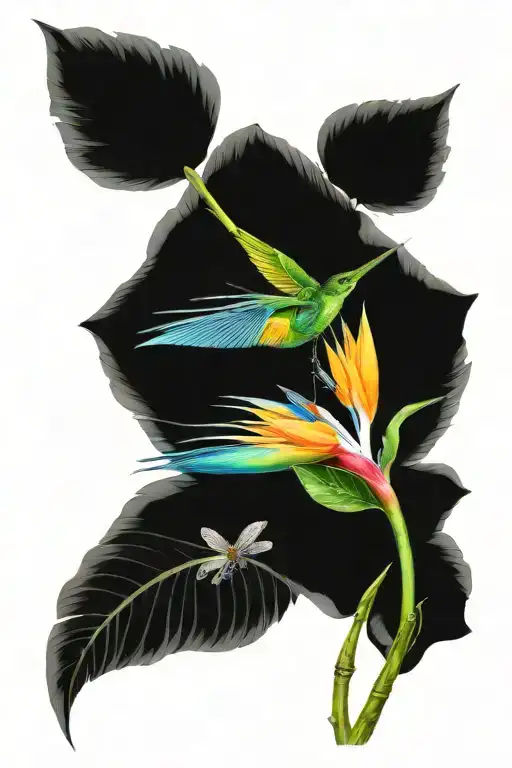bird of paradise flower with dragonfly perched atop tattoo design idea