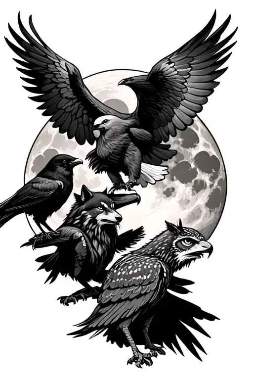 Wolf, crow and owl with the moon and an eagle covering all with its wings tattoo design idea