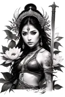 Photo realistic Gabriele Pellerone tattoo of a beautiful Asian woman warrior, with lotus flowers with leaves, a sword tattoo design idea