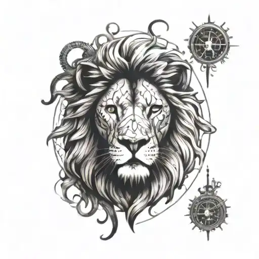 Lion clock and video games tattoo design idea
