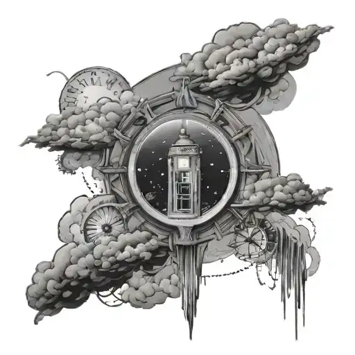 Tardis clock face space clouds surrounding tattoo design idea