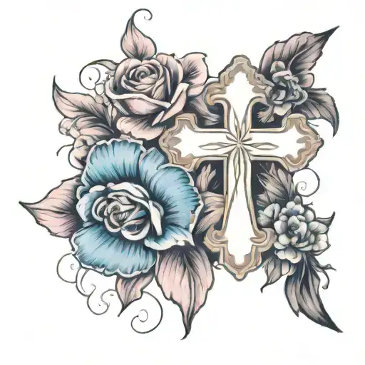  "Favor ain't fair" in the center. Pink, red, & blue flowers with a cross  tattoo design idea