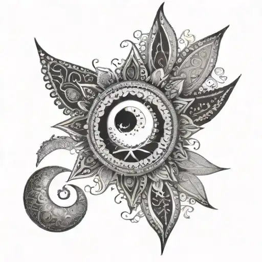 crescent moon and sun lace mandala design incorporating elements tattoo design idea