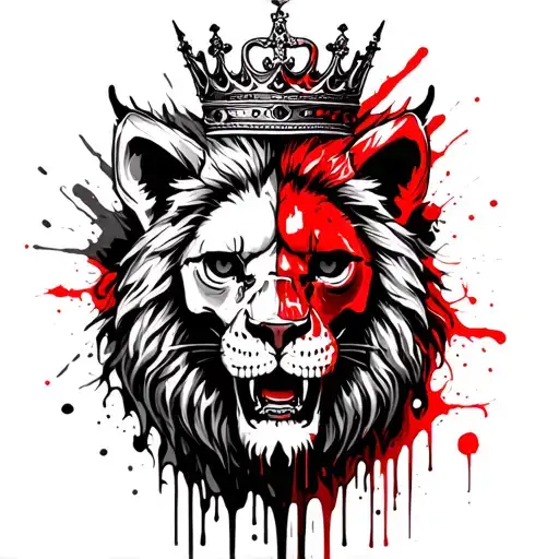 half lion half demon wit a crown bloody tears dropping wit Skeleton tattoo design idea