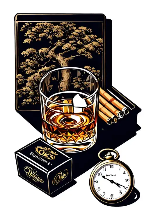 whisky glass with an oke tree, pack of Winston's cigarettes and a pocket watch  tattoo design idea