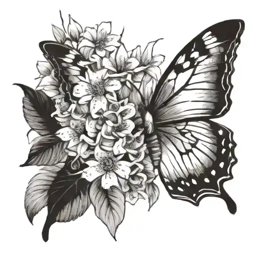 Butterfly tattoo, one wing of the butterfly is very detailed, and the second is in the form of a breeze of bush flowers tattoo design idea