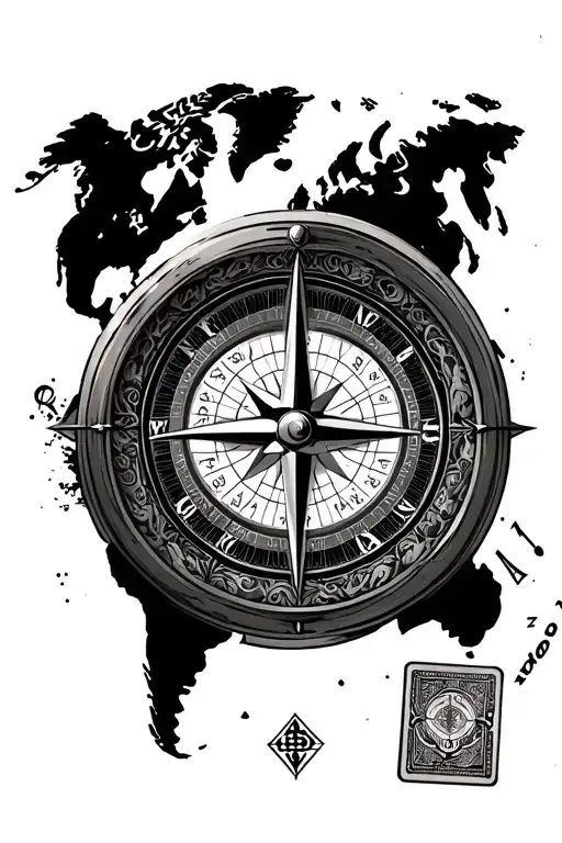 Compass, Clock inside a world map with deck of cards and a 2000 and 904 tattoo design idea