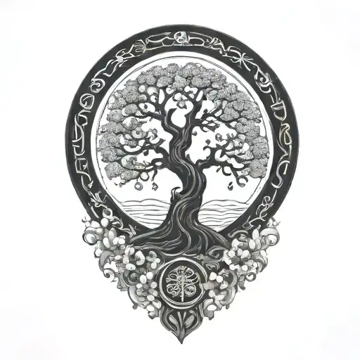 TREE OF LIFE WITH JAPANESE SUN IN THE CORNER tattoo design idea