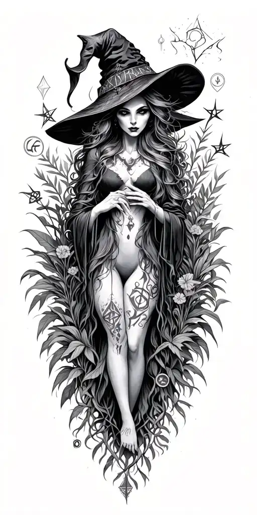 A witch's familiar surrounded by mystical runes and plants scary tattoo design idea