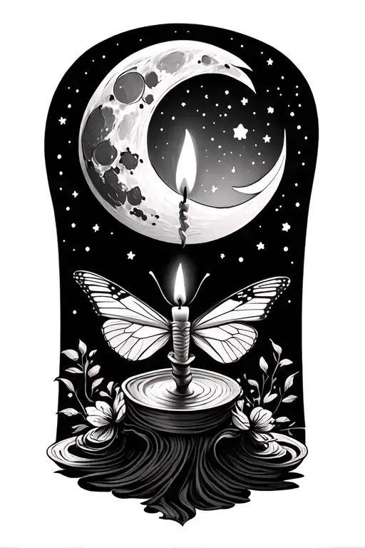 waning cresent moon with lit candle with a butterfly with folded wings and the body resting on top of candle  tattoo design idea