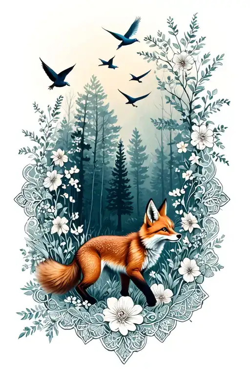 floral lace background with small fox running through forest and birds flying above tattoo design idea