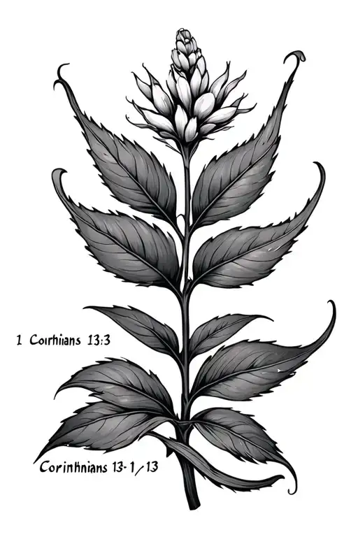 Fine line cursive writting "1 Corinthians 13:13" with a mustard seed plant behind it. tattoo design idea