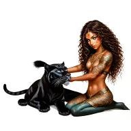 female warrior with long brown curly hair, brown skin and blue eyes petting a black panther like it is her spirit guide tattoo design idea
