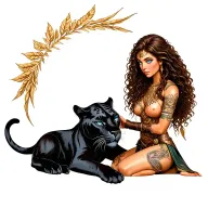 female warrior with long brown curly hair, brown skin and blue eyes petting a black panther like it is her spirit guide tattoo design idea