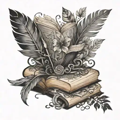 A whimsical design of a book with pages made of feathers and rocks, surrounded by swirling elements of nature, representing the client's love for reading and the beauty of the natural world tattoo design idea