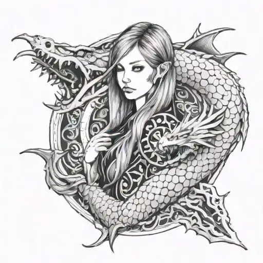 girl with long hair and blue eyes white dragon tattoo design idea