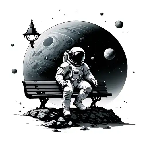 astronaut sitting on a park bench with an ornate lamp floating on an asteroid in space with a large planet tattoo design idea