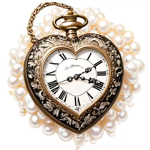 White pearl-edged 0 o'clock heart-shaped pocket watch tattoo design idea