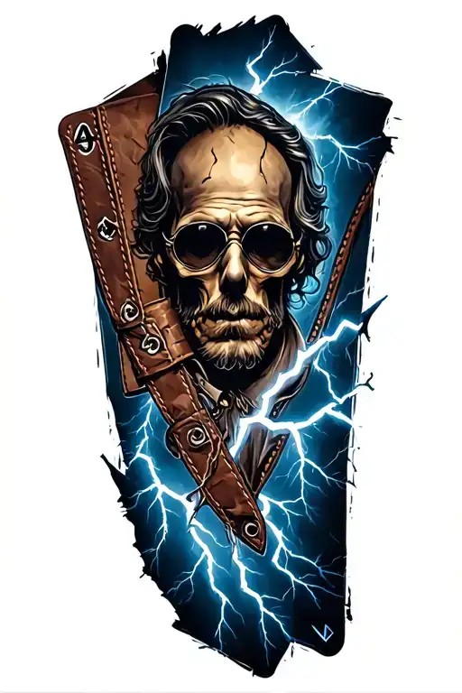 a half sleeve tattoo of western leather tooling, old tattered playing cards, lightning bolts, multi tattoo design idea