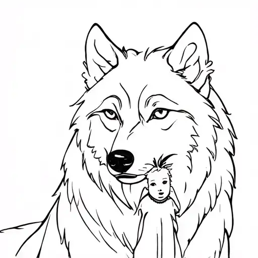 elder female wolf protecting her female 21 year  sibling and 7 year baby boy tattoo design idea