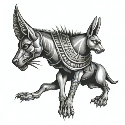 Anubis, facing us, looks intensely. In his nearby hand, a scale with a light heart and a feather. tattoo design idea