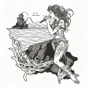 Mysterious maiden singing on a rocky shore, surrounded by shipwrecks tattoo design idea