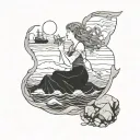 Mysterious maiden singing on a rocky shore, surrounded by shipwrecks tattoo design idea