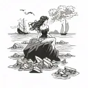 Mysterious maiden singing on a rocky shore, surrounded by shipwrecks tattoo design idea