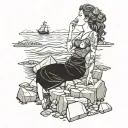 Mysterious maiden singing on a rocky shore, surrounded by shipwrecks tattoo design idea