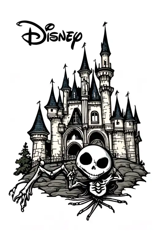 jack skeleton with disney castle tattoo design idea