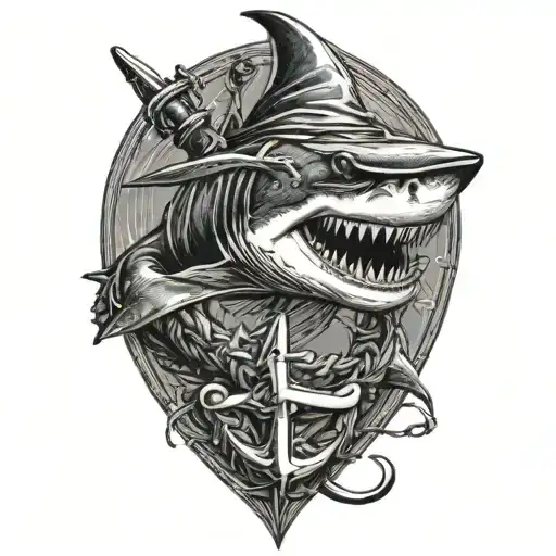 shark biting an anchor wearing a sailor hat tattoo design idea