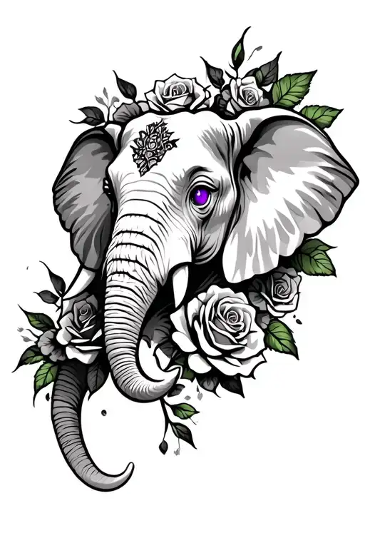  elephant head with purple eye, with roses surrounding no stem tattoo design idea